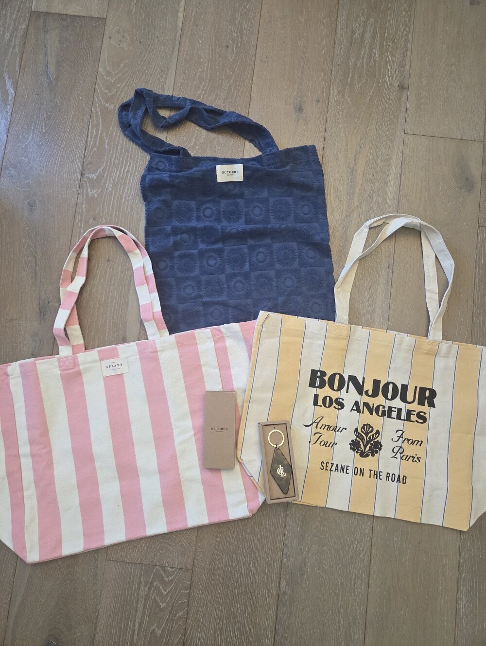 Sezane New Keychain Bonjour Los Angeles Yellow Stripe Tote Bags